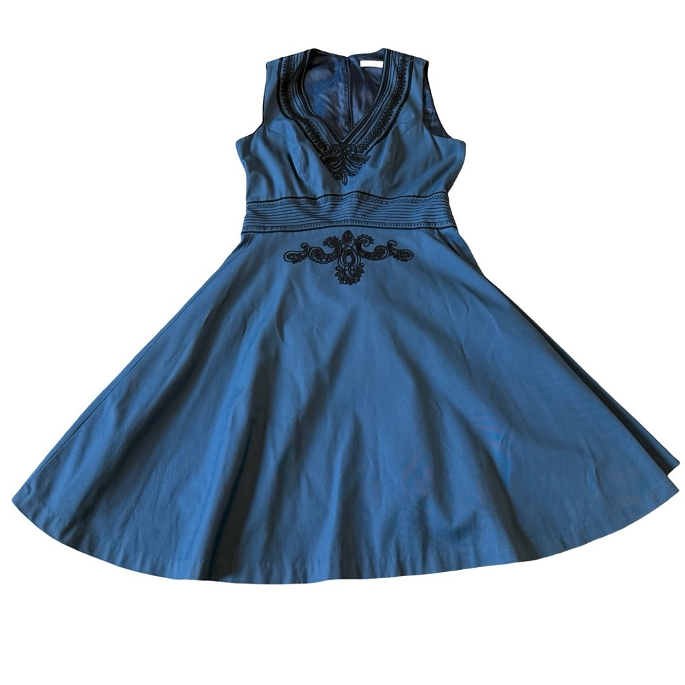 Badgley Mischka Blue Embroidered Midi Dress Sleeveless A-Line Cocktail Size 10